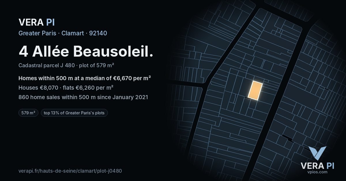4 Allée Beausoleil, Clamart at night – the plot lit, the parcels around coloured by the prices near them