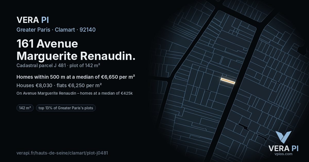 161 Avenue Marguerite Renaudin, Clamart at night – the plot lit, the parcels around coloured by the prices near them