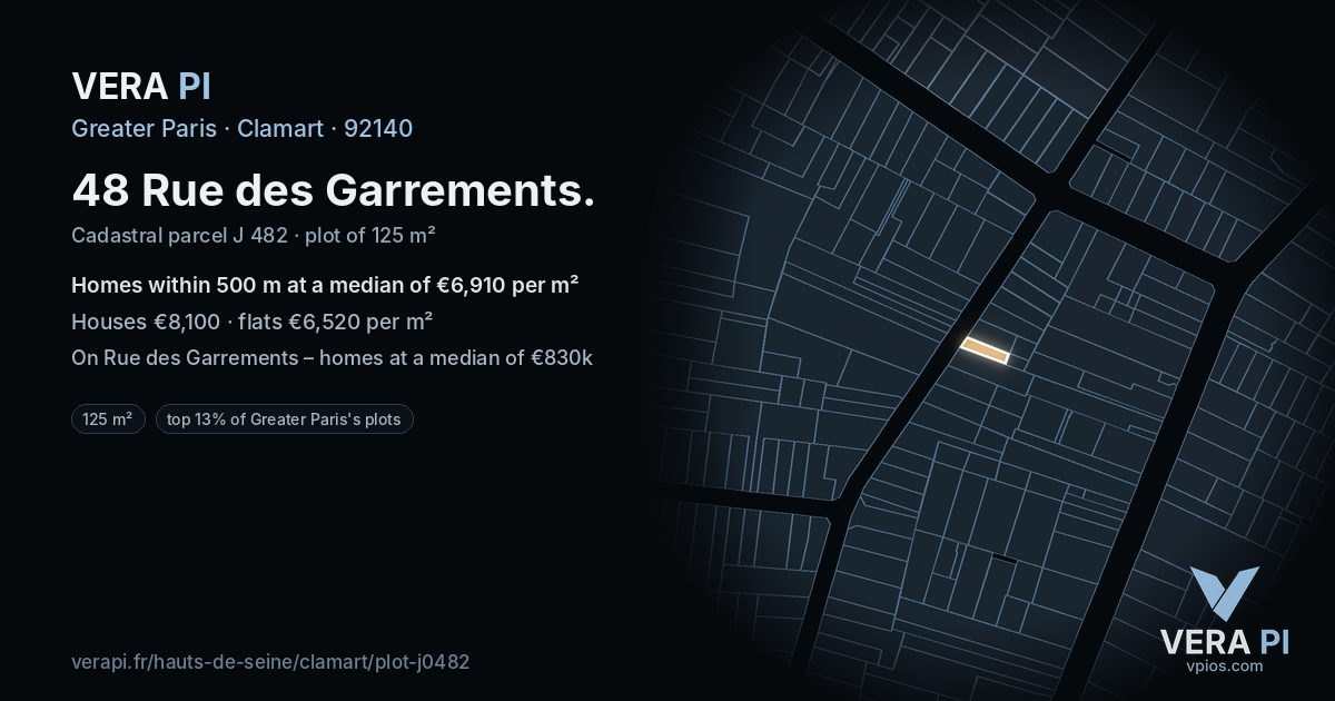 48 Rue des Garrements, Clamart at night – the plot lit, the parcels around coloured by the prices near them