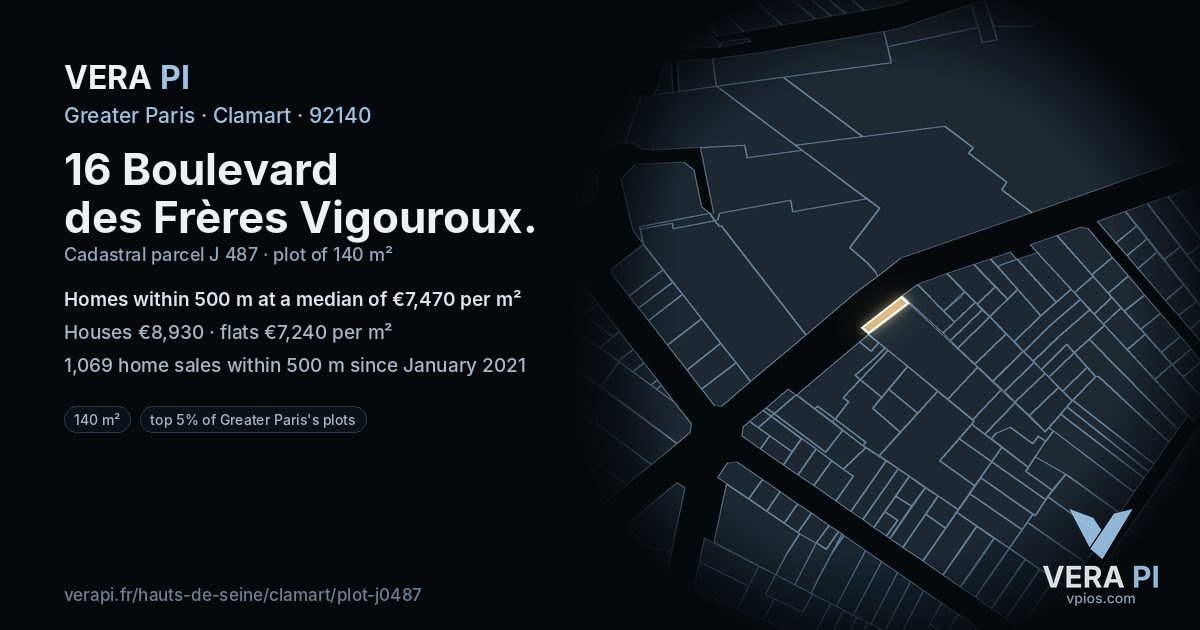 16 Boulevard des Frères Vigouroux, Clamart at night – the plot lit, the parcels around coloured by the prices near them