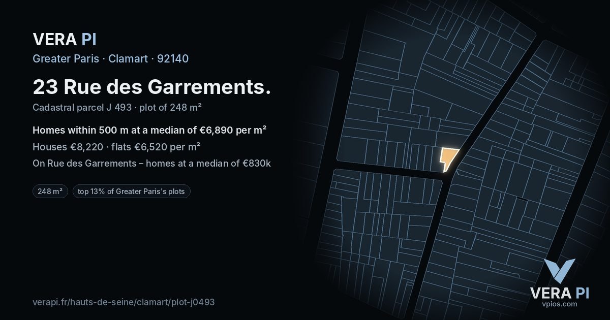 23 Rue des Garrements, Clamart at night – the plot lit, the parcels around coloured by the prices near them