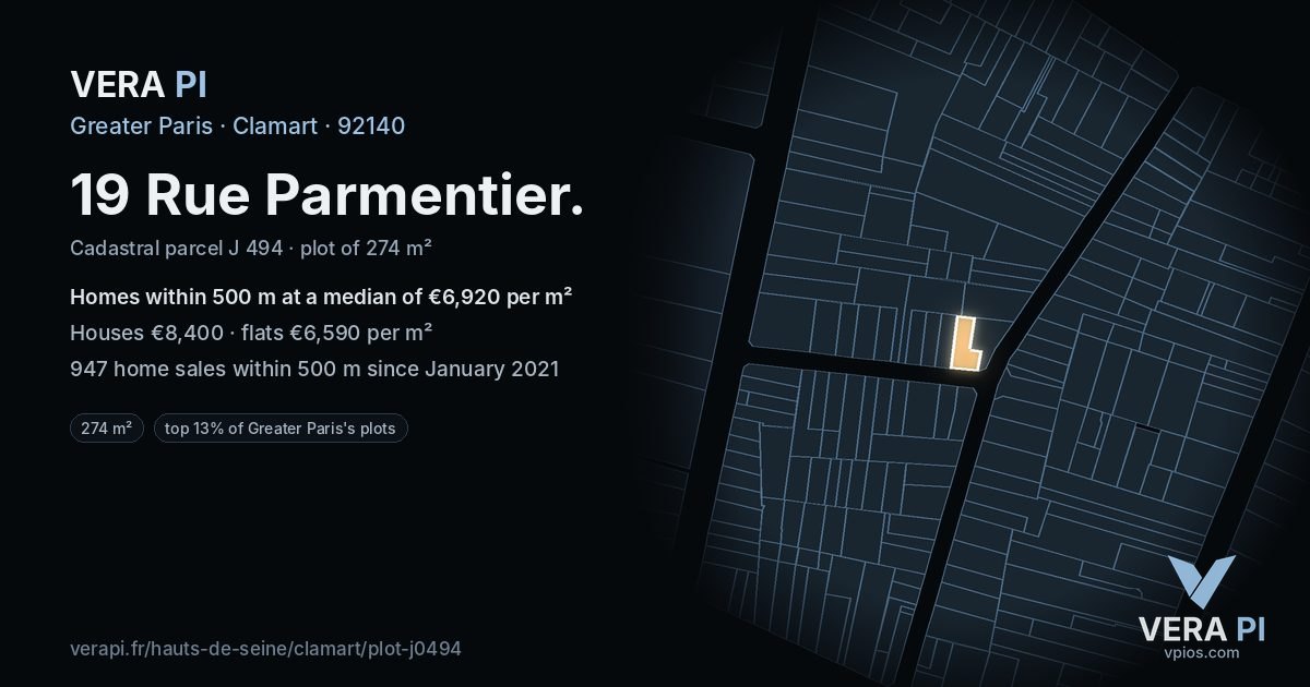 19 Rue Parmentier, Clamart at night – the plot lit, the parcels around coloured by the prices near them