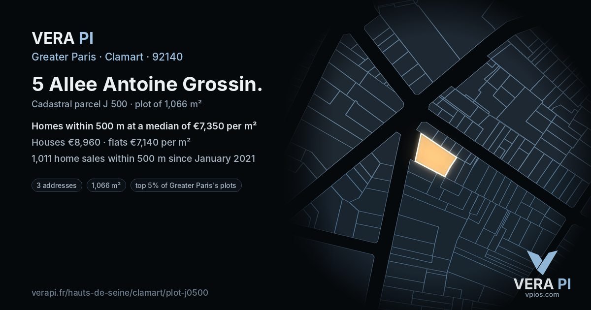 5 Allee Antoine Grossin, Clamart at night – the plot lit, the parcels around coloured by the prices near them