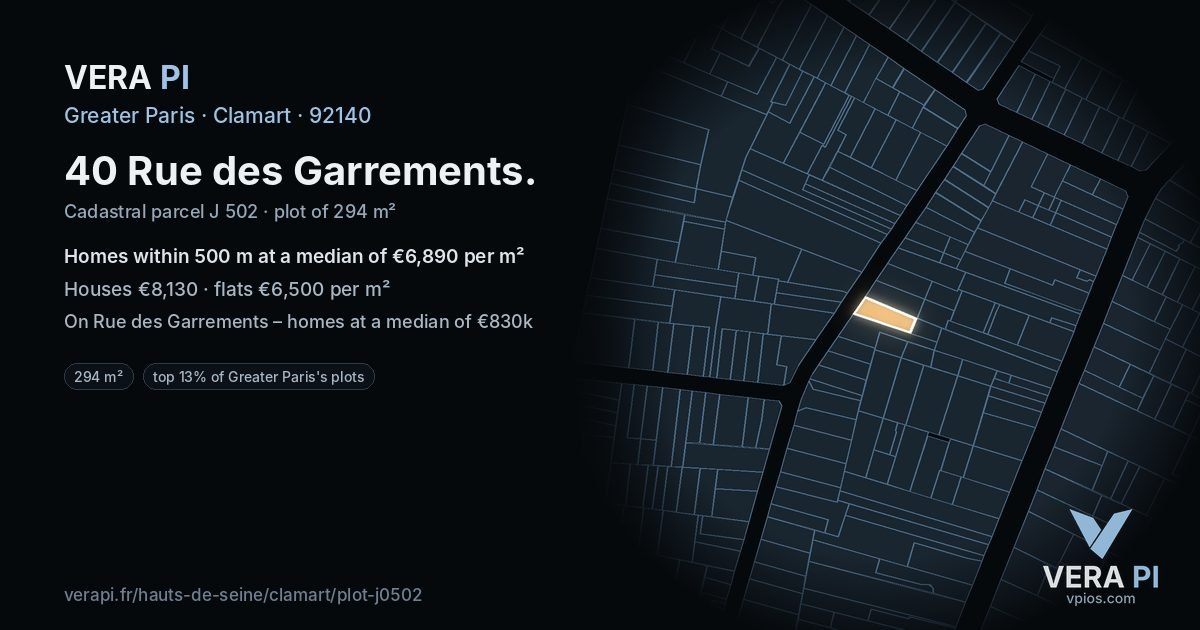 40 Rue des Garrements, Clamart at night – the plot lit, the parcels around coloured by the prices near them
