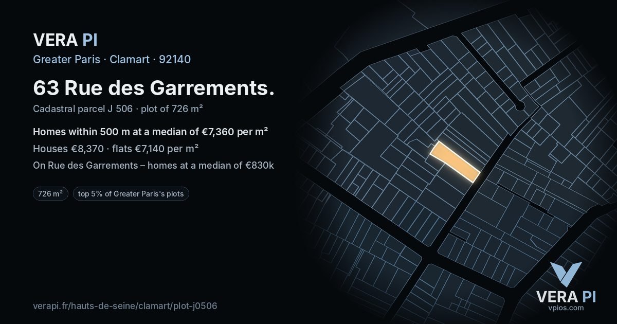 63 Rue des Garrements, Clamart at night – the plot lit, the parcels around coloured by the prices near them