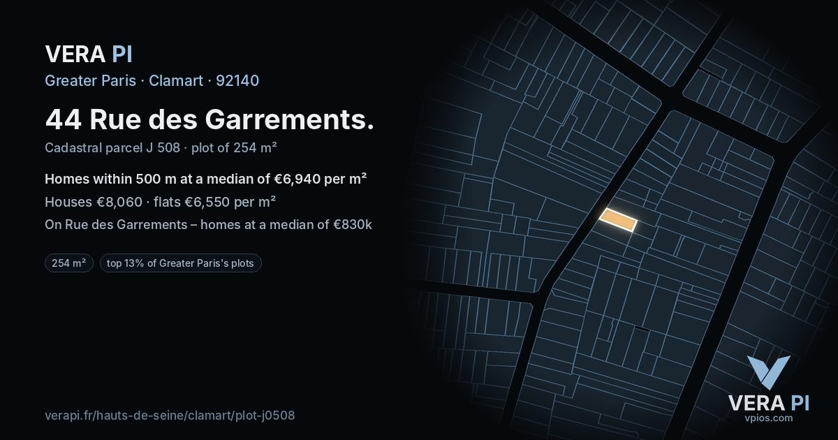 44 Rue des Garrements, Clamart at night – the plot lit, the parcels around coloured by the prices near them