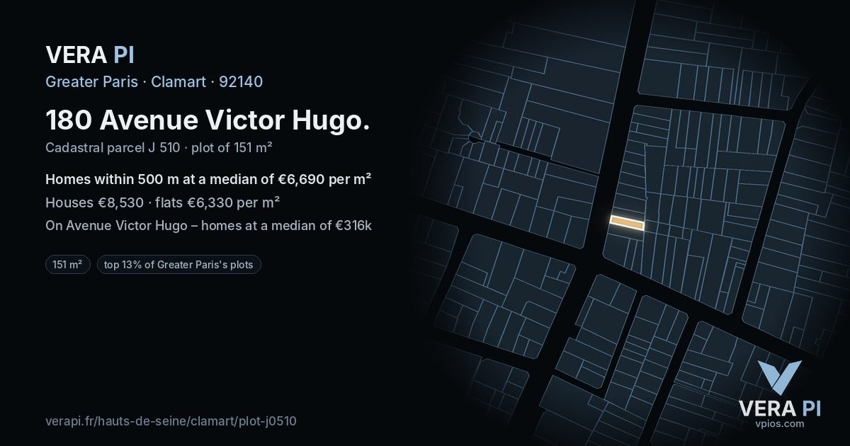 180 Avenue Victor Hugo, Clamart at night – the plot lit, the parcels around coloured by the prices near them