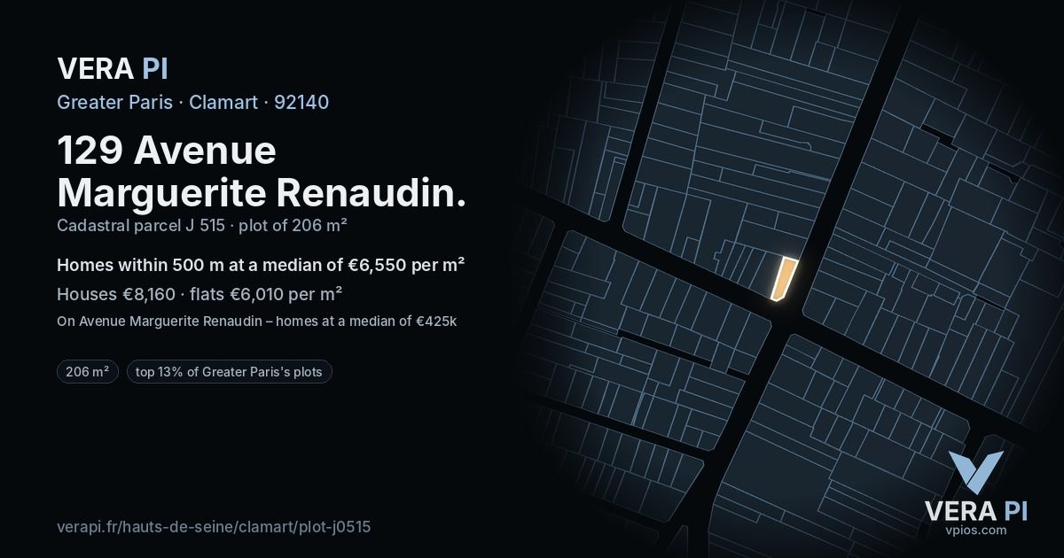 129 Avenue Marguerite Renaudin, Clamart at night – the plot lit, the parcels around coloured by the prices near them