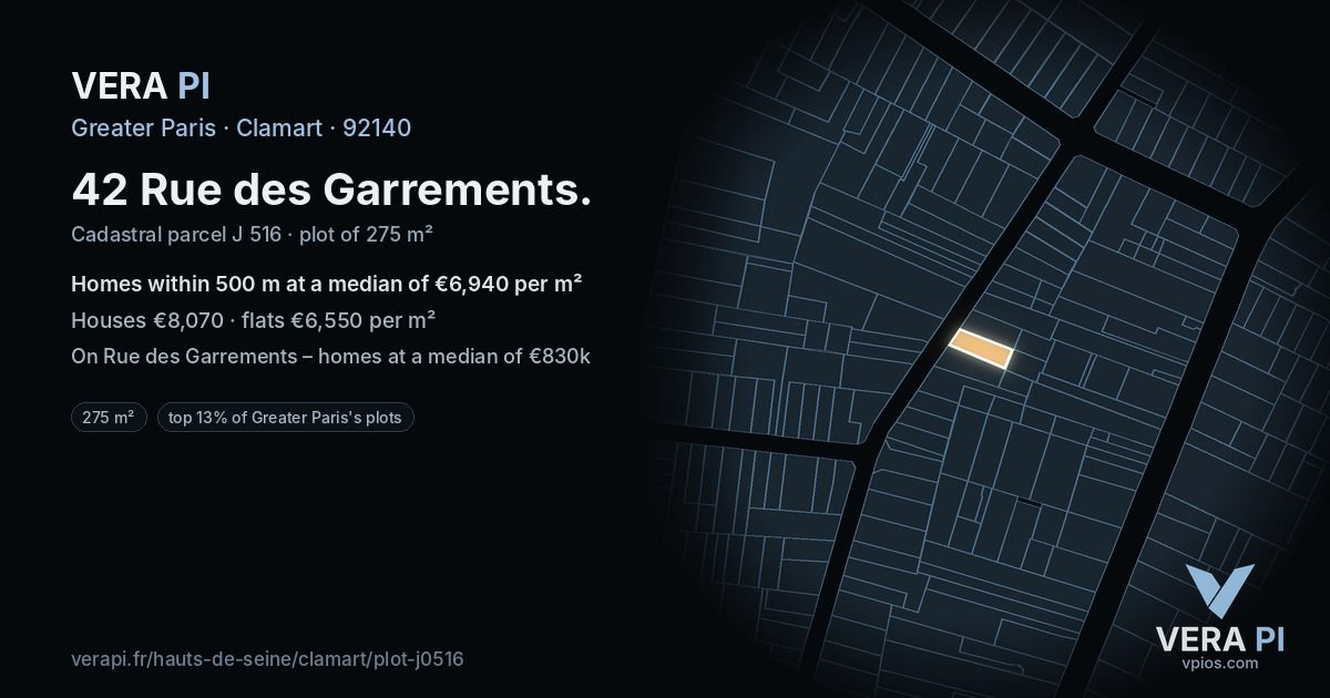 42 Rue des Garrements, Clamart at night – the plot lit, the parcels around coloured by the prices near them