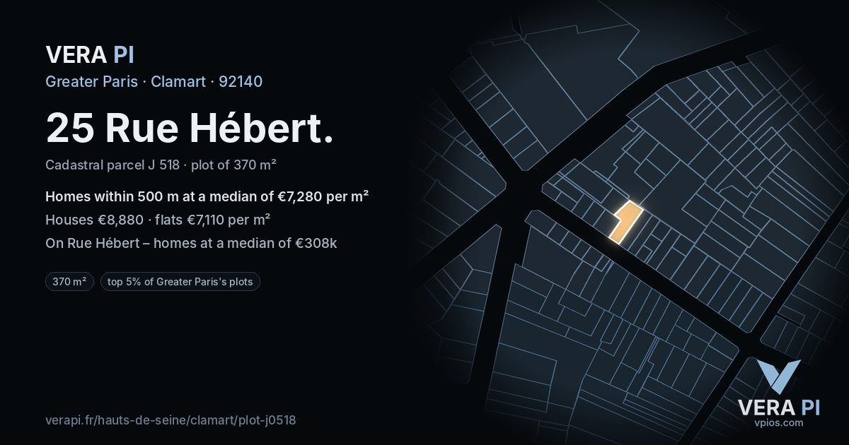 25 Rue Hébert, Clamart at night – the plot lit, the parcels around coloured by the prices near them