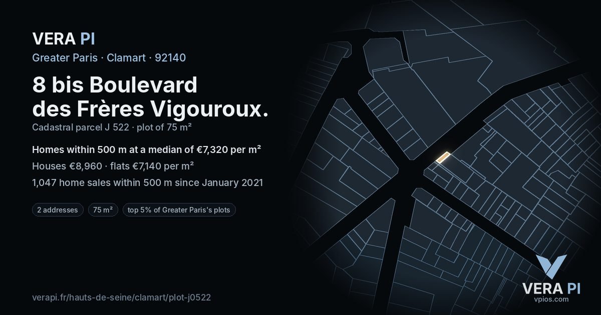 8 bis Boulevard des Frères Vigouroux, Clamart at night – the plot lit, the parcels around coloured by the prices near them
