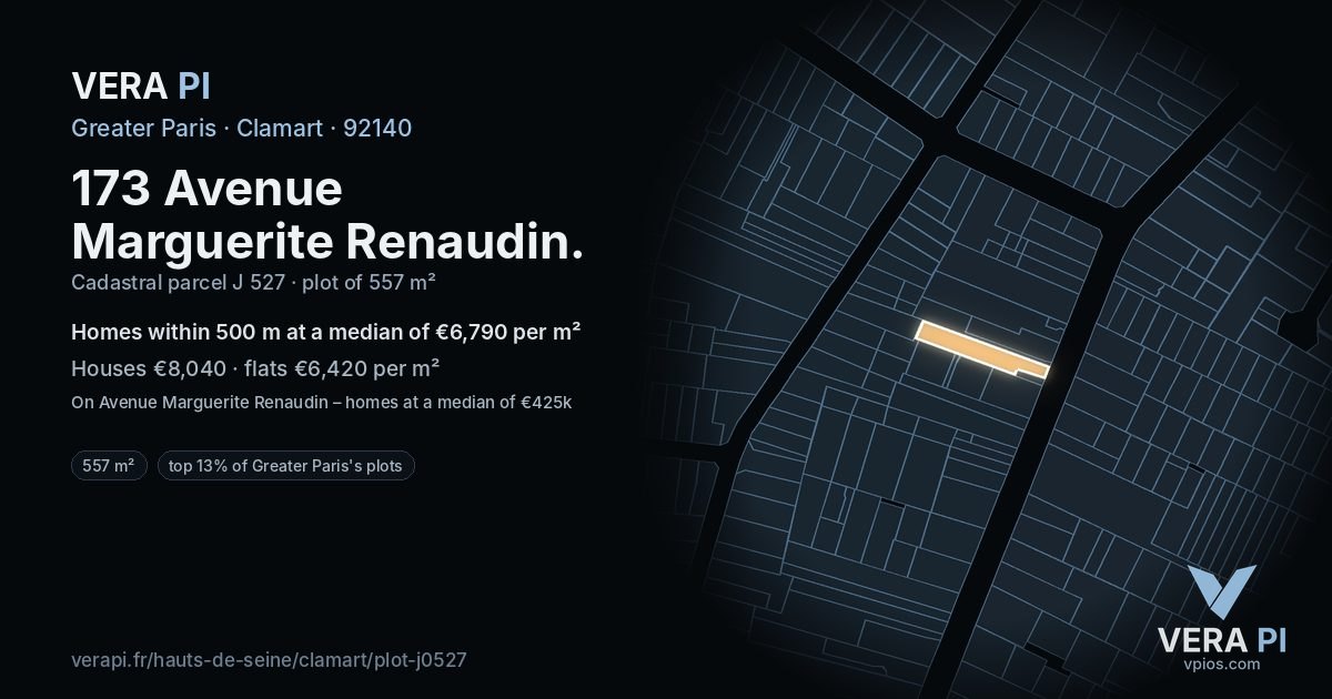 173 Avenue Marguerite Renaudin, Clamart at night – the plot lit, the parcels around coloured by the prices near them