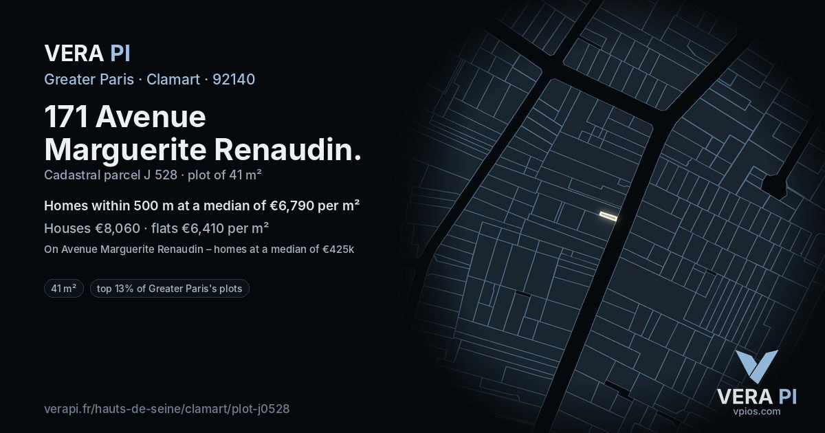 171 Avenue Marguerite Renaudin, Clamart at night – the plot lit, the parcels around coloured by the prices near them