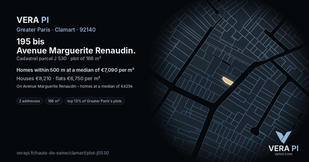 195 bis Avenue Marguerite Renaudin, Clamart at night – the plot lit, the parcels around coloured by the prices near them