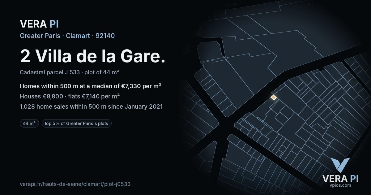 2 Villa de la Gare, Clamart at night – the plot lit, the parcels around coloured by the prices near them