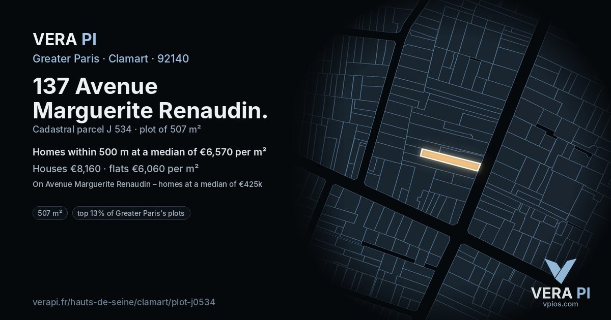 137 Avenue Marguerite Renaudin, Clamart at night – the plot lit, the parcels around coloured by the prices near them