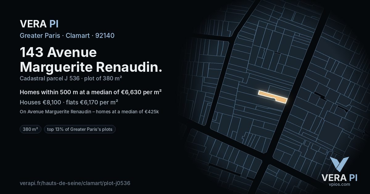 143 Avenue Marguerite Renaudin, Clamart at night – the plot lit, the parcels around coloured by the prices near them