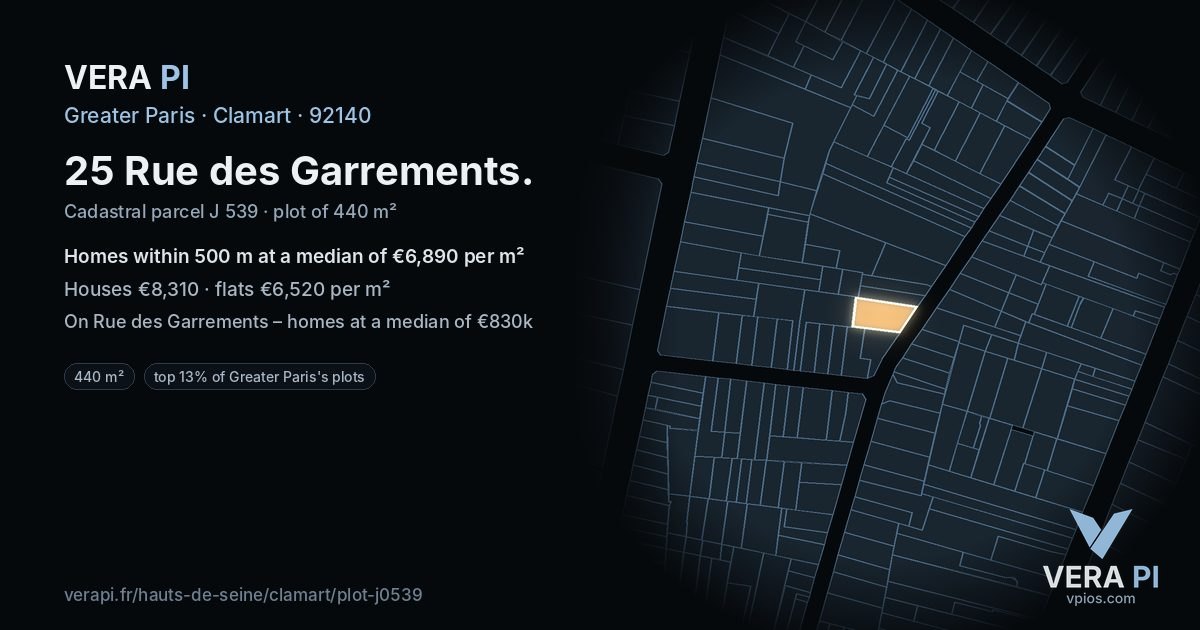 25 Rue des Garrements, Clamart at night – the plot lit, the parcels around coloured by the prices near them
