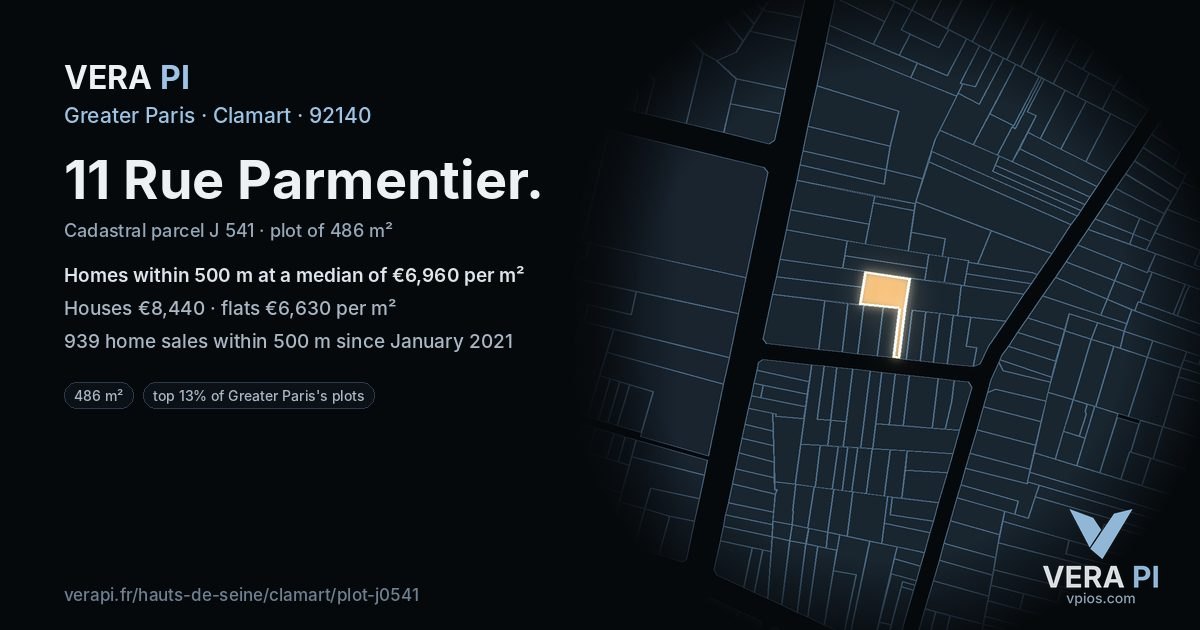 11 Rue Parmentier, Clamart at night – the plot lit, the parcels around coloured by the prices near them