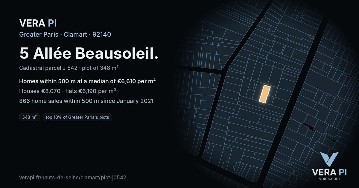 5 Allée Beausoleil, Clamart at night – the plot lit, the parcels around coloured by the prices near them
