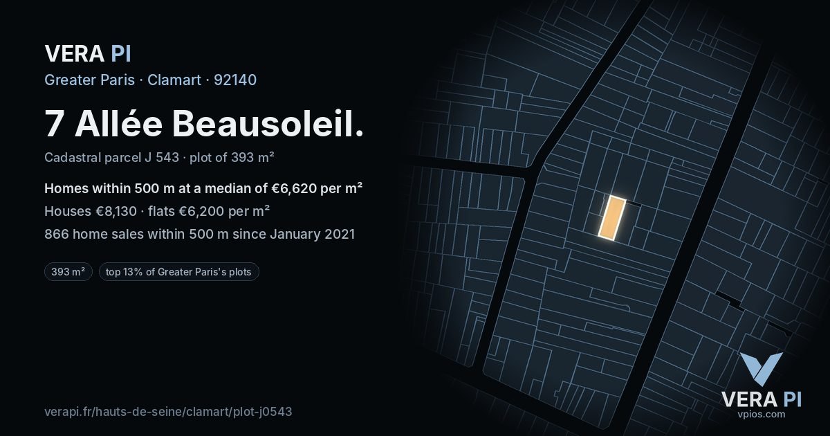 7 Allée Beausoleil, Clamart at night – the plot lit, the parcels around coloured by the prices near them