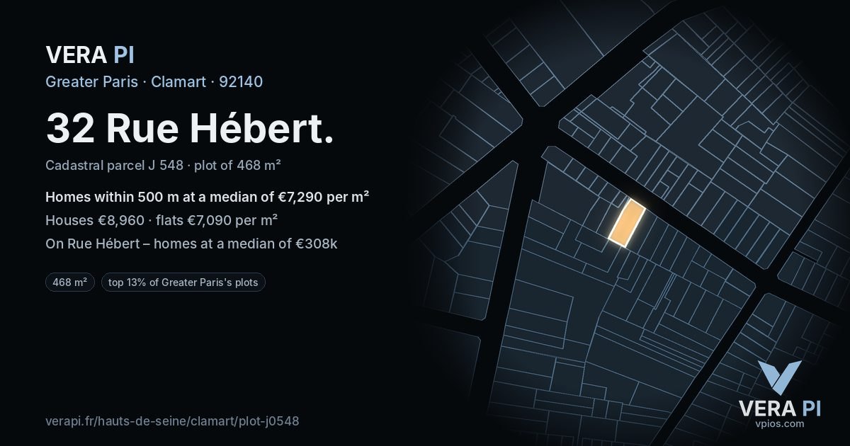 32 Rue Hébert, Clamart at night – the plot lit, the parcels around coloured by the prices near them
