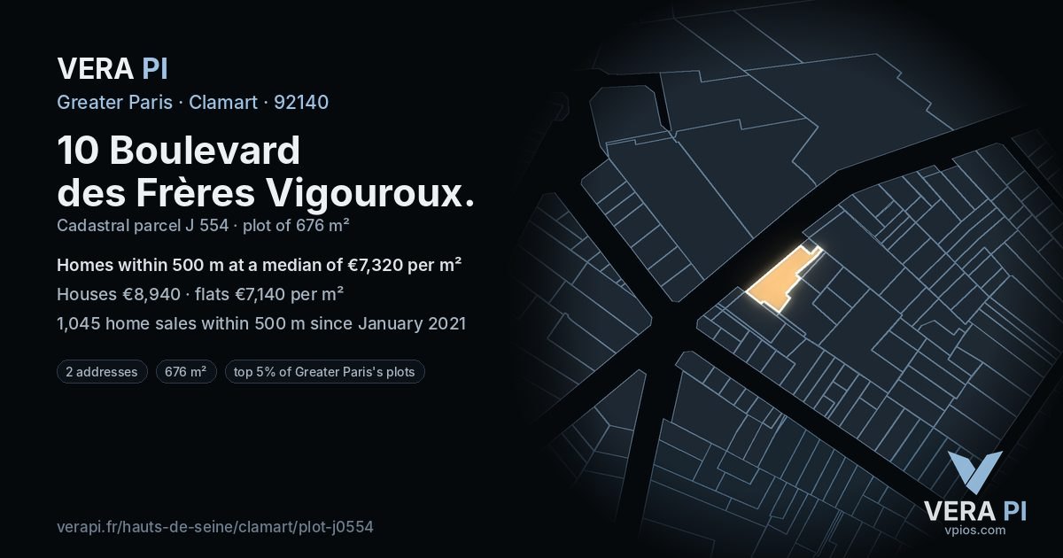 10 Boulevard des Frères Vigouroux, Clamart at night – the plot lit, the parcels around coloured by the prices near them