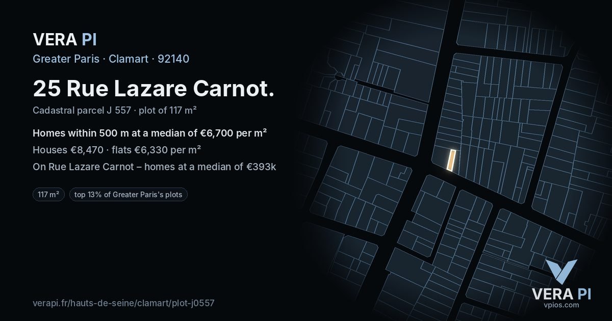 25 Rue Lazare Carnot, Clamart at night – the plot lit, the parcels around coloured by the prices near them