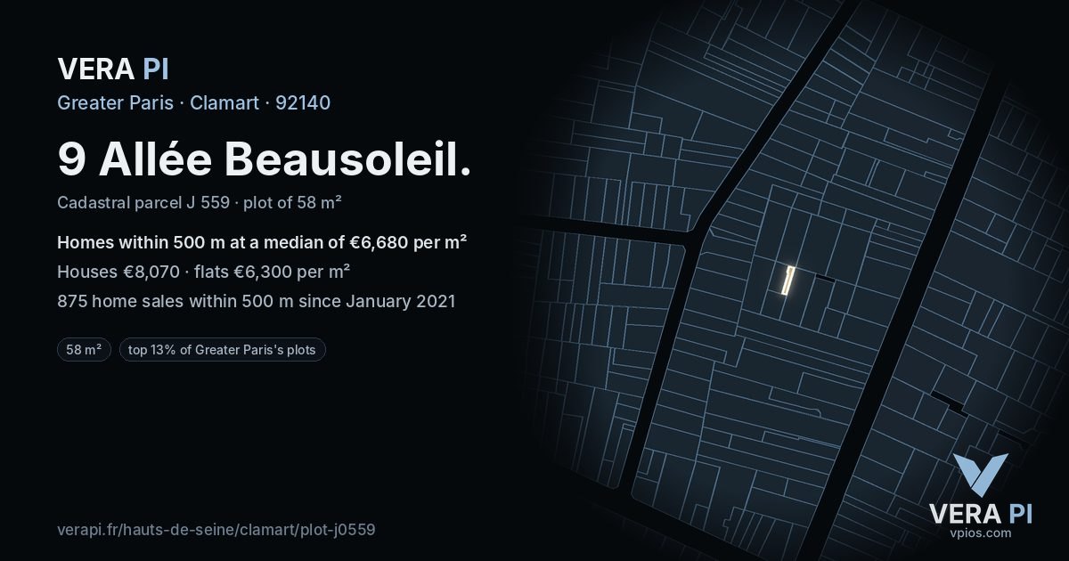 9 Allée Beausoleil, Clamart at night – the plot lit, the parcels around coloured by the prices near them