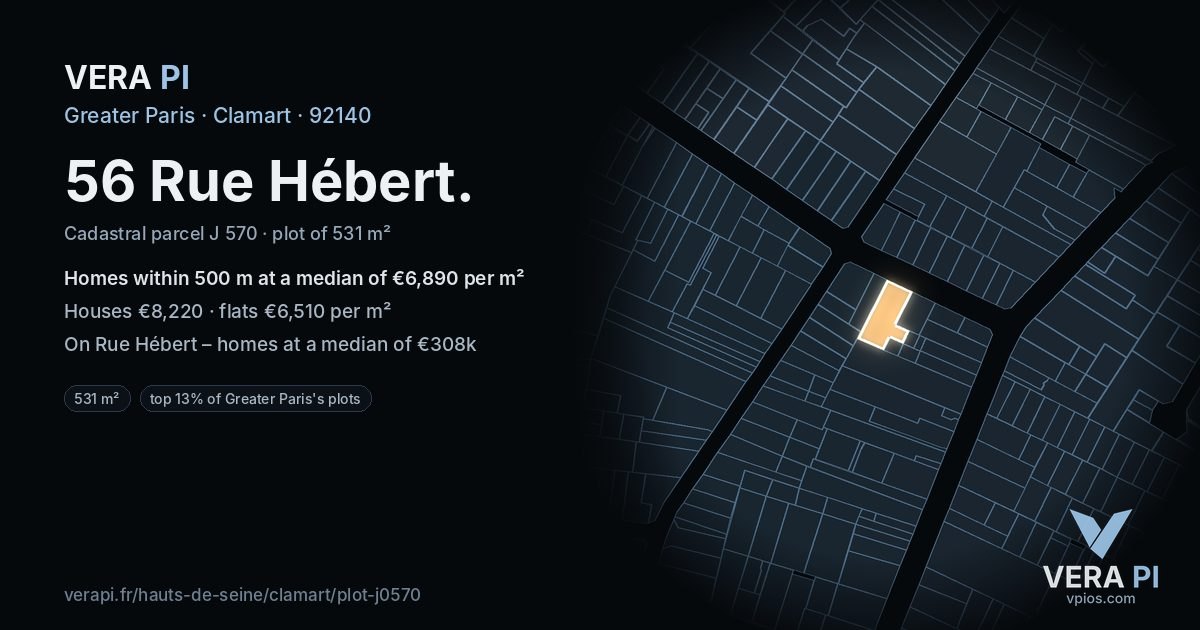 56 Rue Hébert, Clamart at night – the plot lit, the parcels around coloured by the prices near them