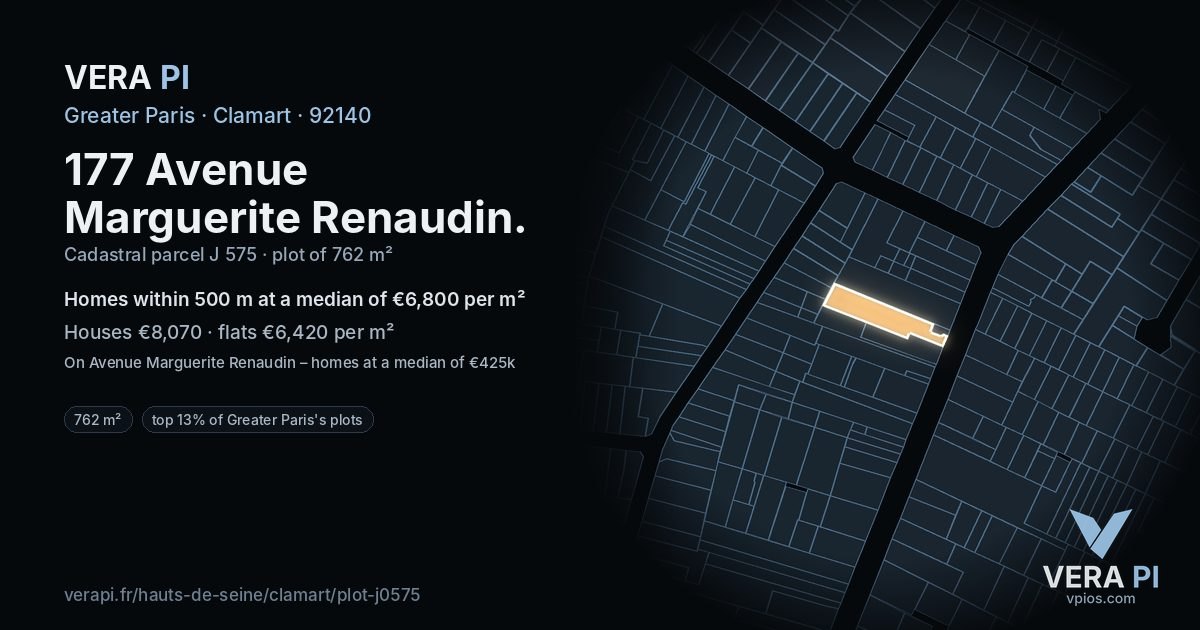 177 Avenue Marguerite Renaudin, Clamart at night – the plot lit, the parcels around coloured by the prices near them