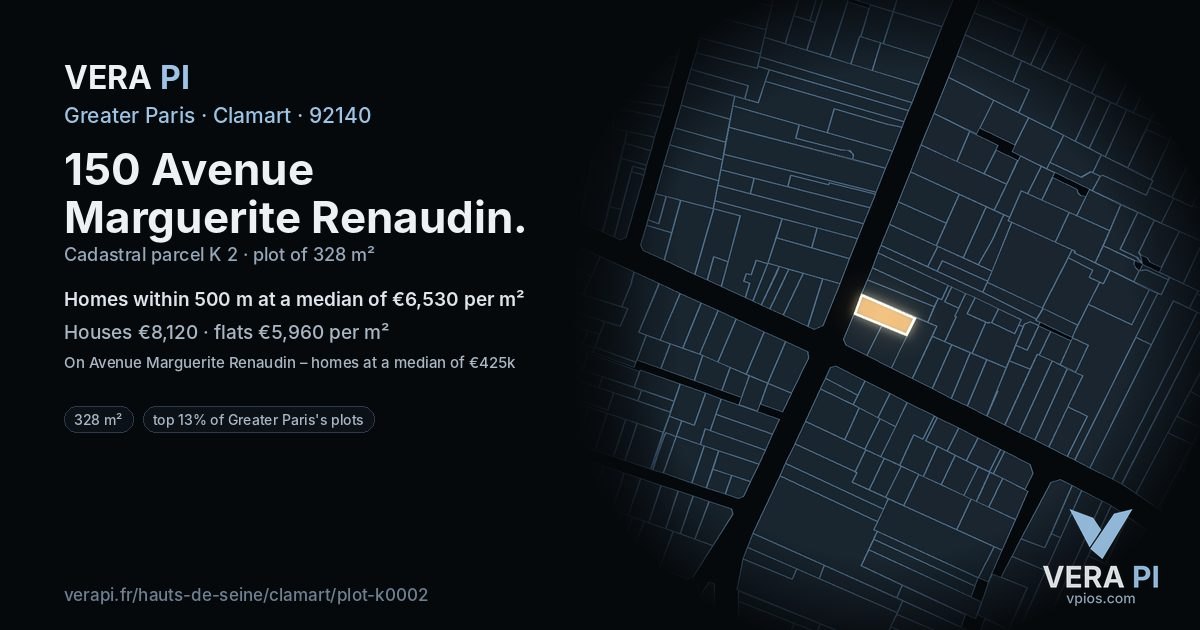 150 Avenue Marguerite Renaudin, Clamart at night – the plot lit, the parcels around coloured by the prices near them