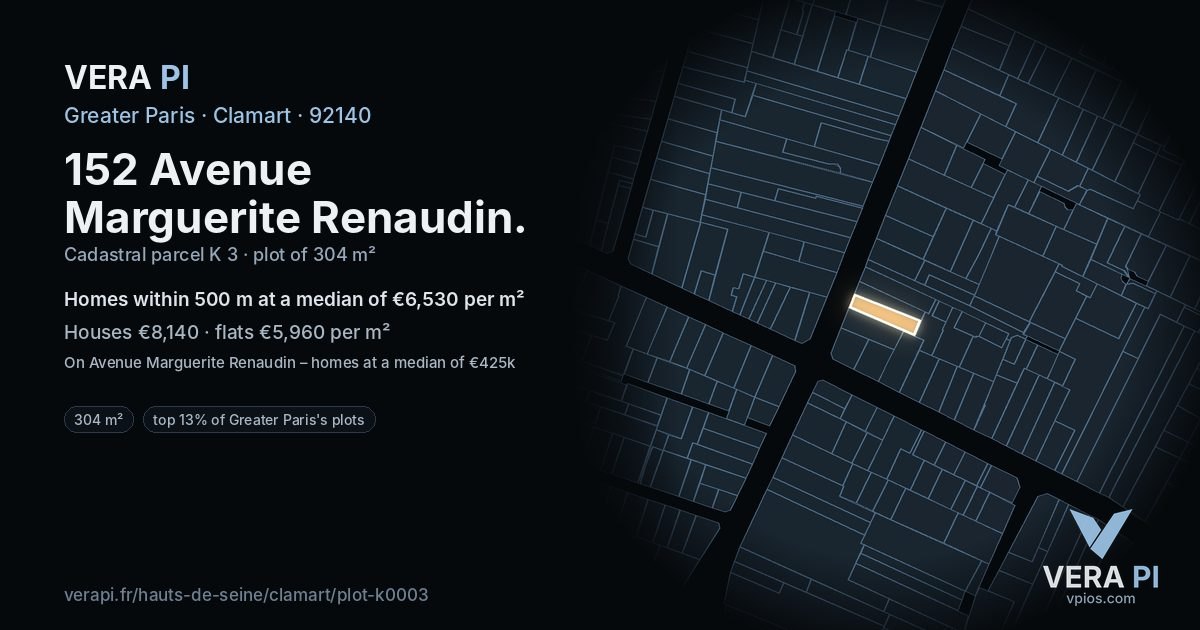 152 Avenue Marguerite Renaudin, Clamart at night – the plot lit, the parcels around coloured by the prices near them