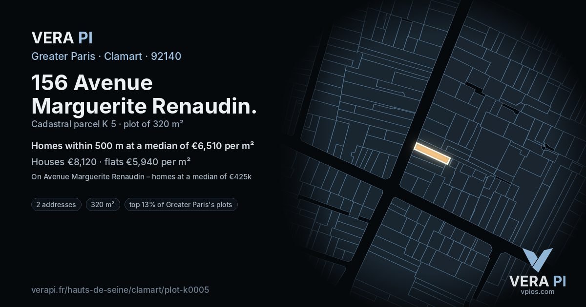 156 Avenue Marguerite Renaudin, Clamart at night – the plot lit, the parcels around coloured by the prices near them