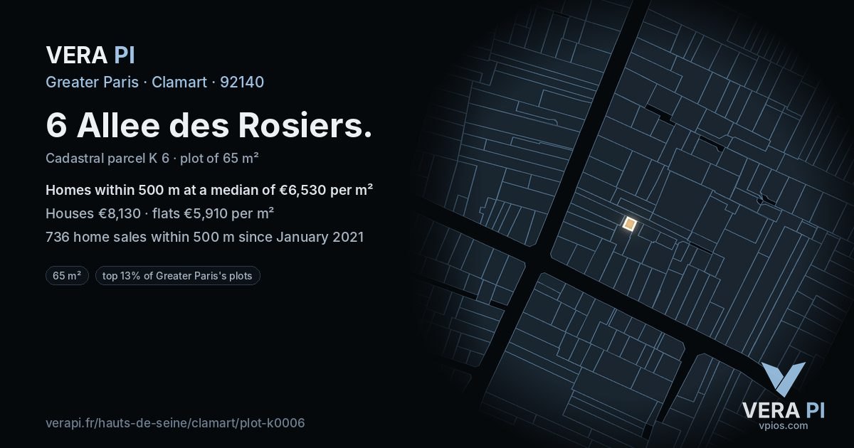 6 Allee des Rosiers, Clamart at night – the plot lit, the parcels around coloured by the prices near them