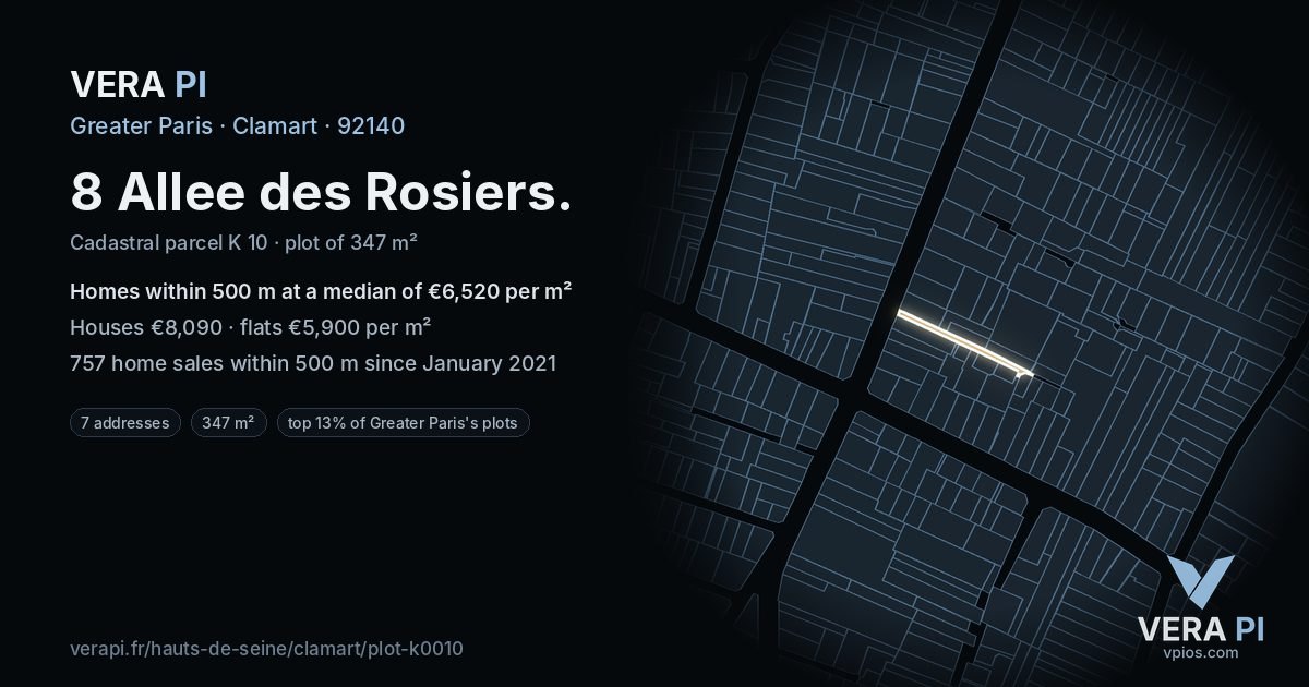 8 Allee des Rosiers, Clamart at night – the plot lit, the parcels around coloured by the prices near them