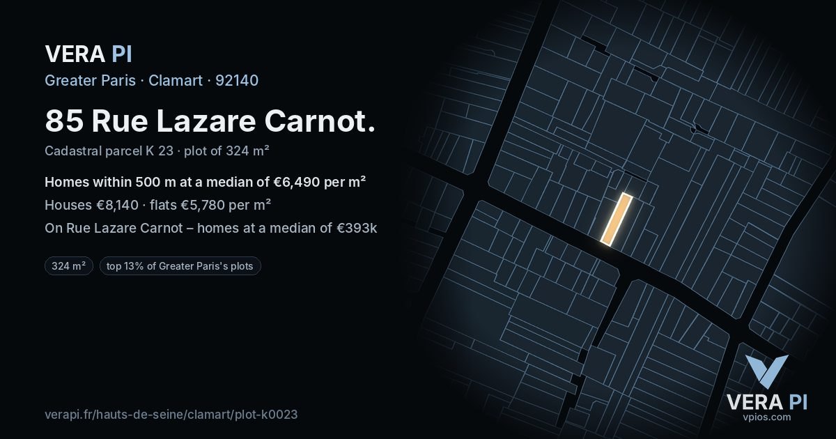 85 Rue Lazare Carnot, Clamart at night – the plot lit, the parcels around coloured by the prices near them