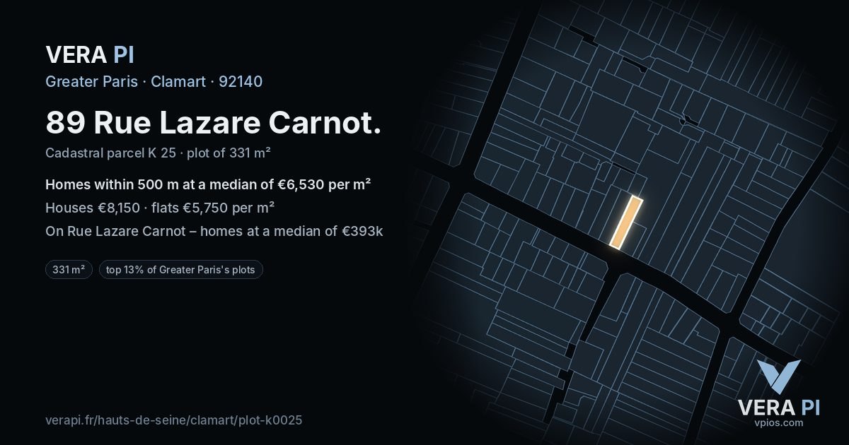 89 Rue Lazare Carnot, Clamart at night – the plot lit, the parcels around coloured by the prices near them