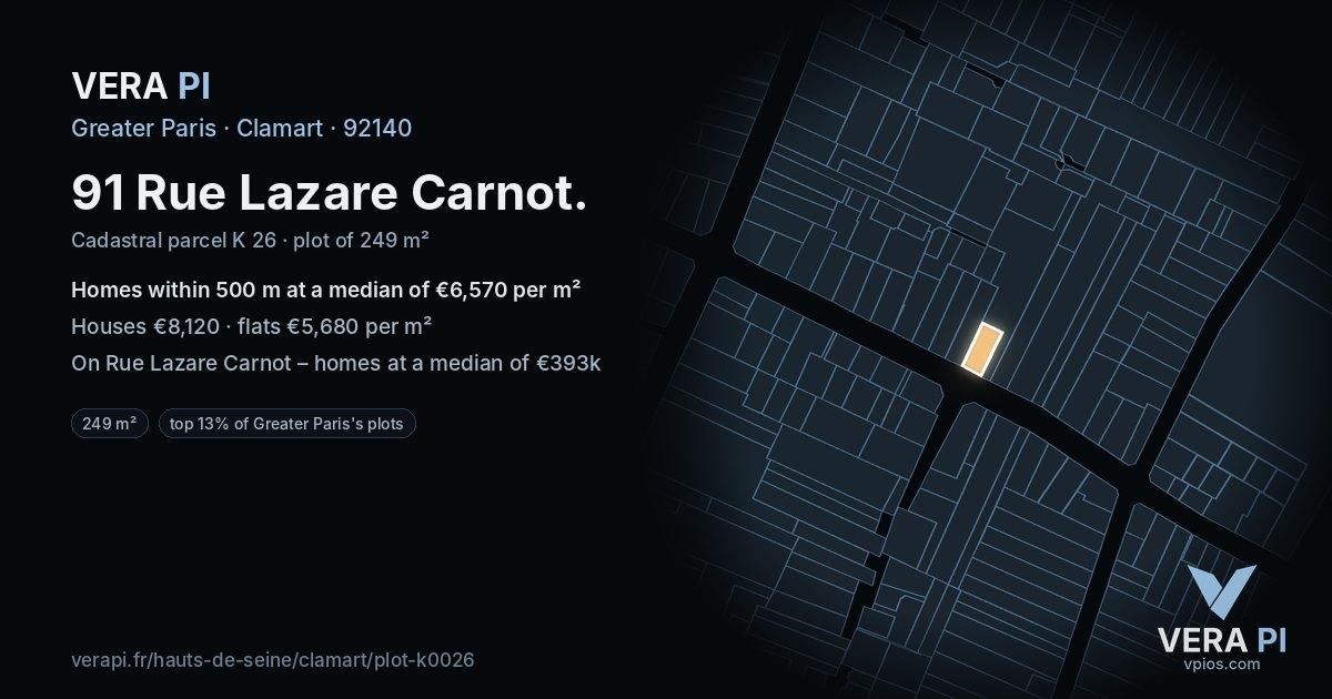 91 Rue Lazare Carnot, Clamart at night – the plot lit, the parcels around coloured by the prices near them