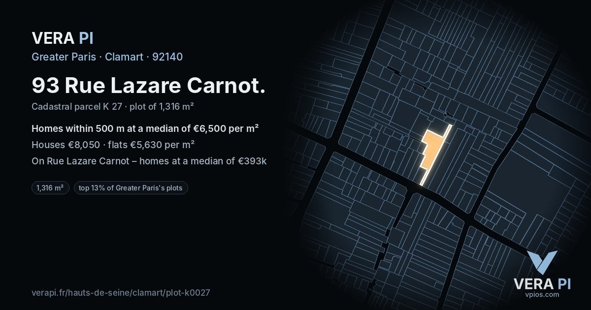 93 Rue Lazare Carnot, Clamart at night – the plot lit, the parcels around coloured by the prices near them