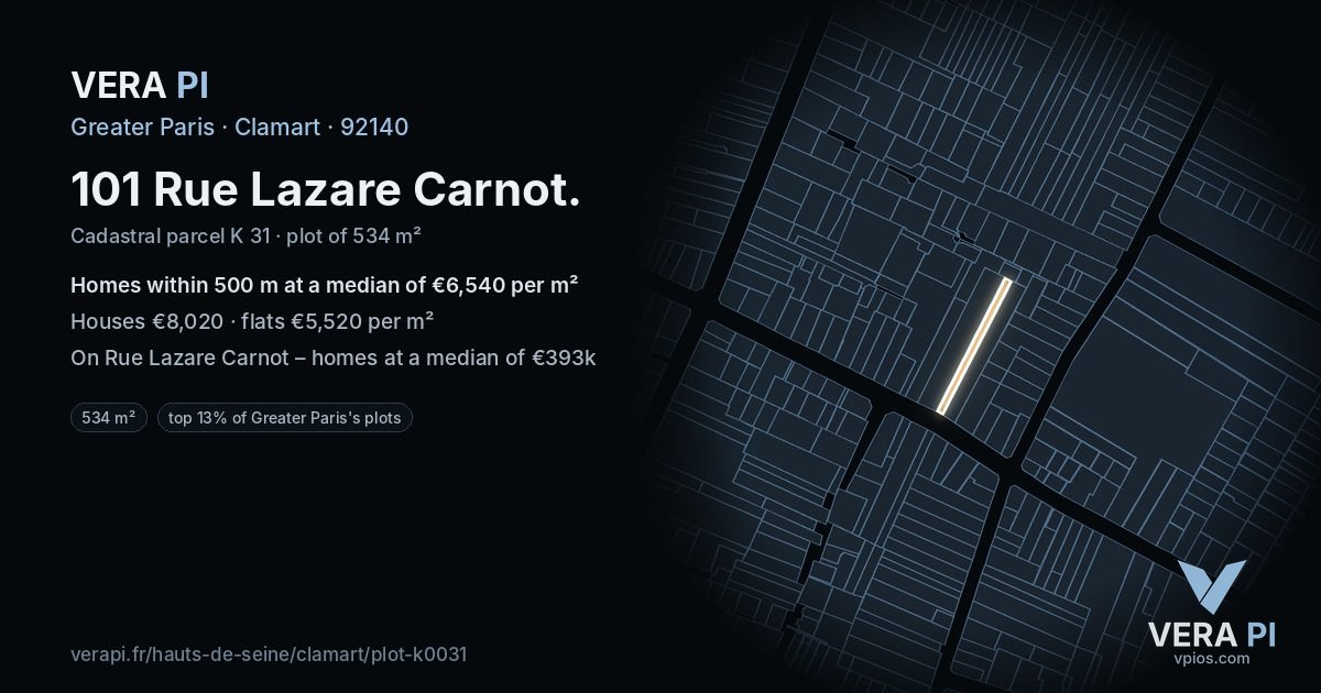 101 Rue Lazare Carnot, Clamart at night – the plot lit, the parcels around coloured by the prices near them