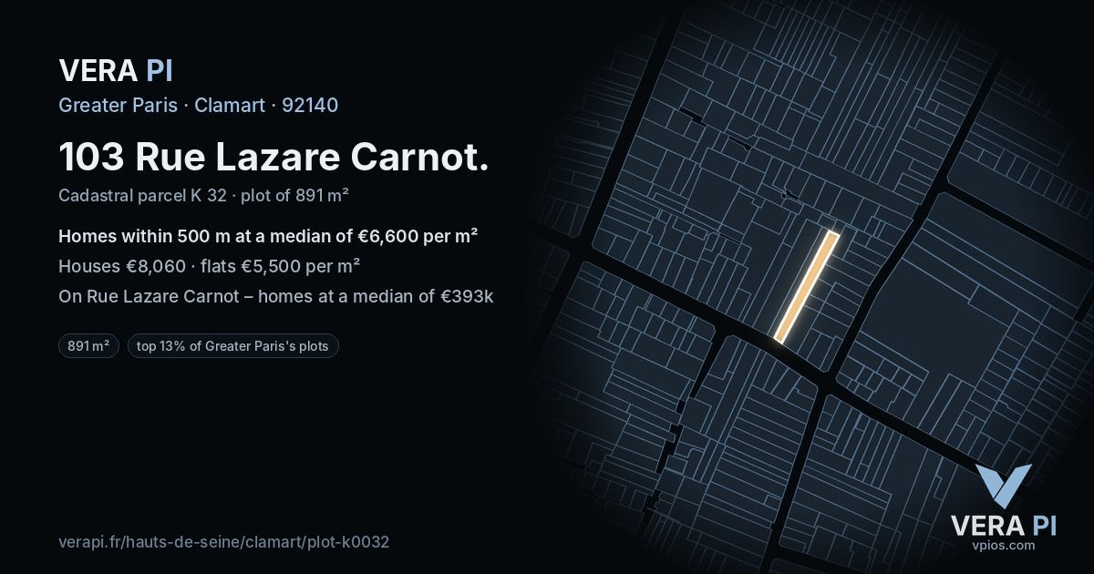 103 Rue Lazare Carnot, Clamart at night – the plot lit, the parcels around coloured by the prices near them