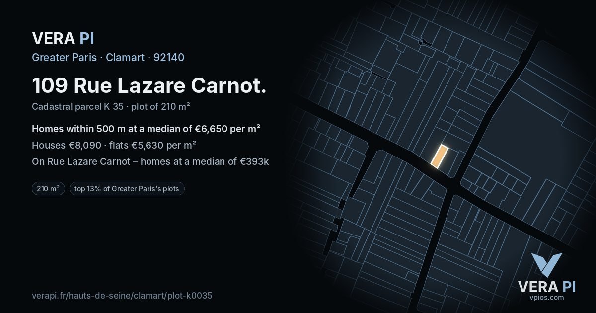 109 Rue Lazare Carnot, Clamart at night – the plot lit, the parcels around coloured by the prices near them