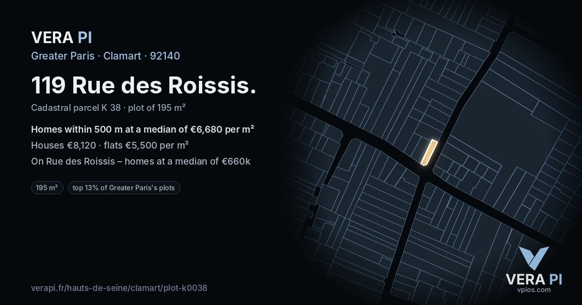 119 Rue des Roissis, Clamart at night – the plot lit, the parcels around coloured by the prices near them