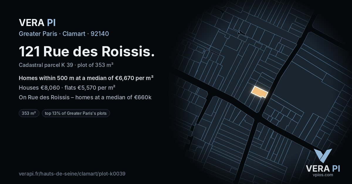121 Rue des Roissis, Clamart at night – the plot lit, the parcels around coloured by the prices near them