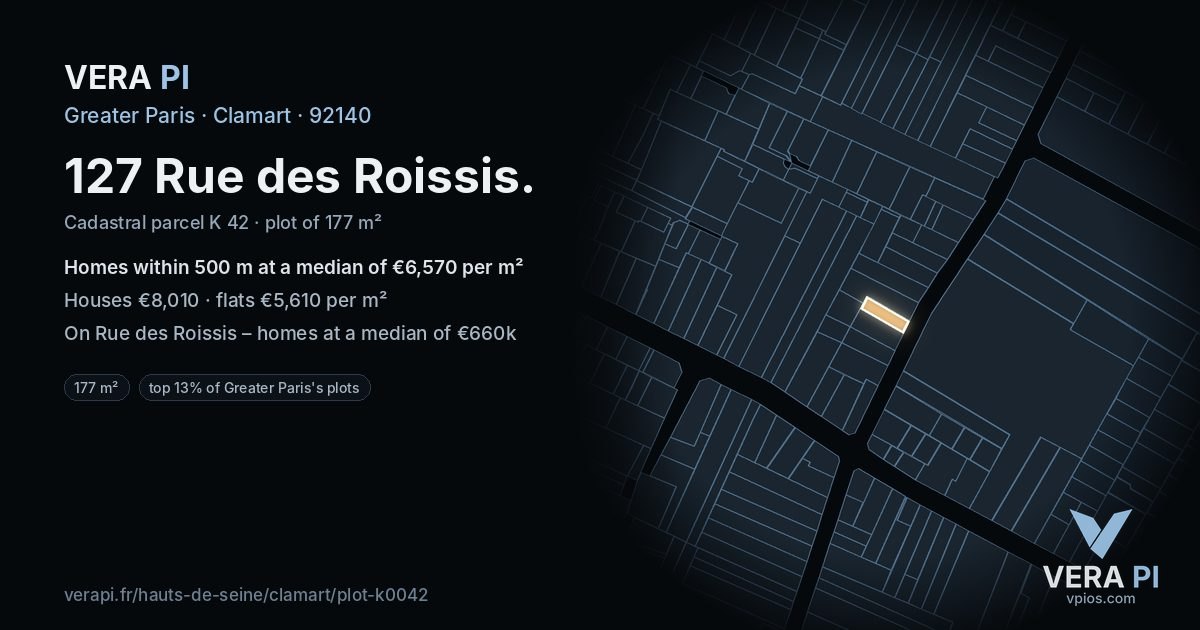 127 Rue des Roissis, Clamart at night – the plot lit, the parcels around coloured by the prices near them