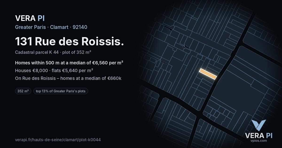 131 Rue des Roissis, Clamart at night – the plot lit, the parcels around coloured by the prices near them