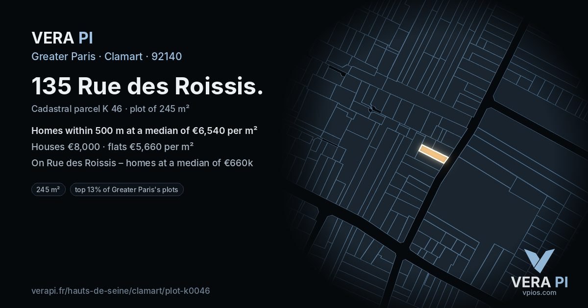 135 Rue des Roissis, Clamart at night – the plot lit, the parcels around coloured by the prices near them