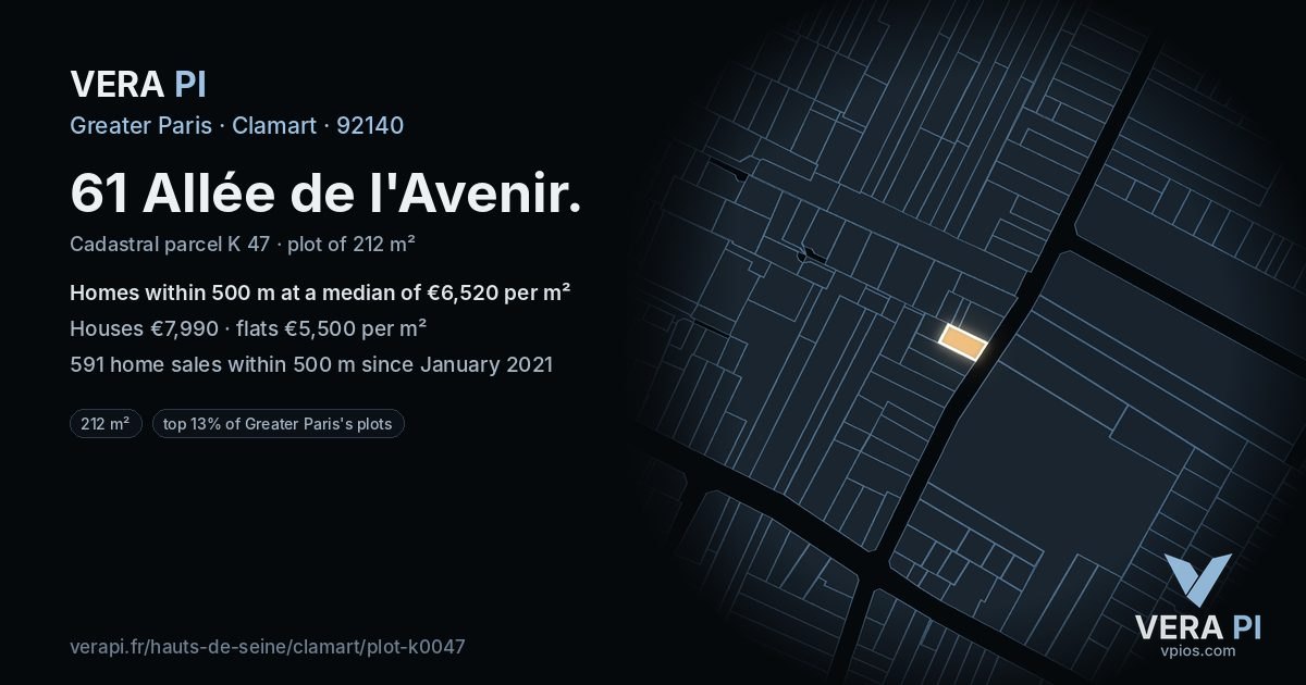 61 Allée de l'Avenir, Clamart at night – the plot lit, the parcels around coloured by the prices near them