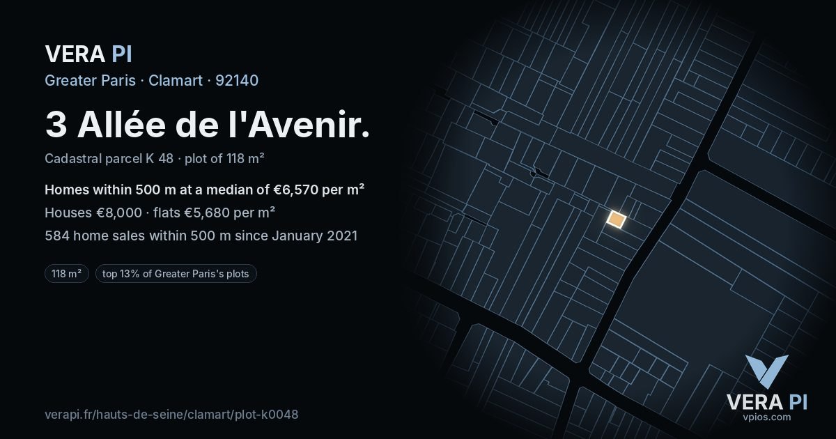 3 Allée de l'Avenir, Clamart at night – the plot lit, the parcels around coloured by the prices near them